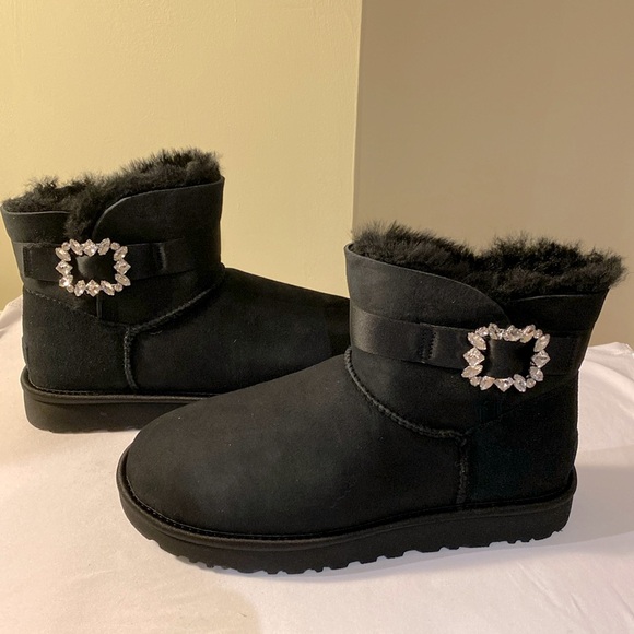 UGG Mini Crystal Side Brooch Black Boots - Women's Size 8 Sheepskin - Picture 2 of 5